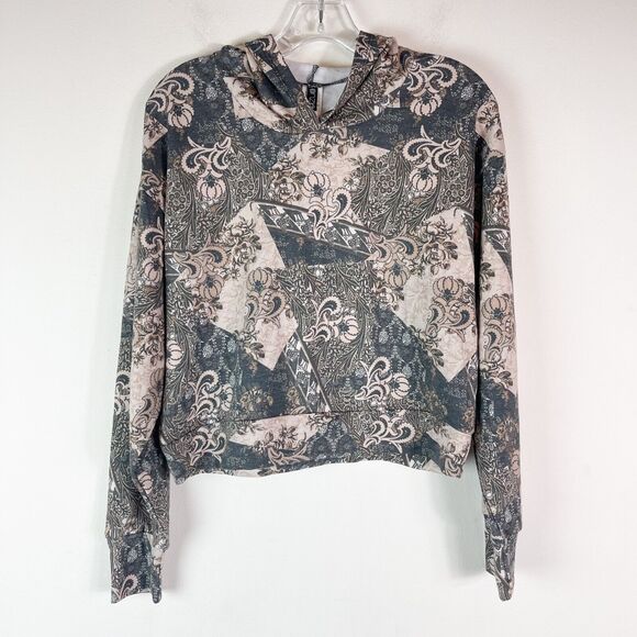 Onzie NWOT Women French Terry Cropped Long Sleeves Print Hoodie Brown Ivory M L - Picture 1 of 5